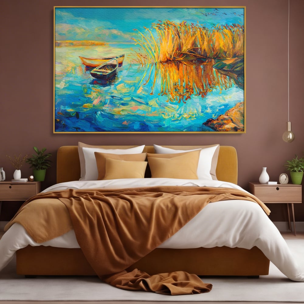 Tablou canvas peisaj cu barci pe lac, turcoaz si auriu, in rama de aluminiu auriu, pe perete intr-un dormitor